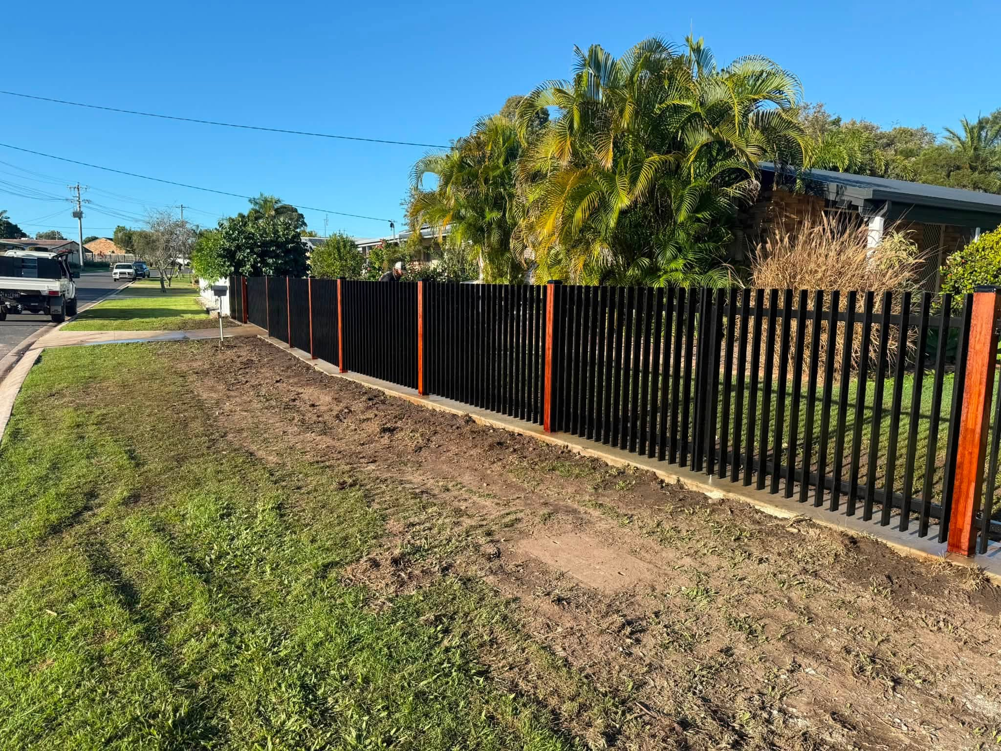 Residential street scene with a tall black metal fence, palm trees, and a clear blue sky over a tidy front yard.