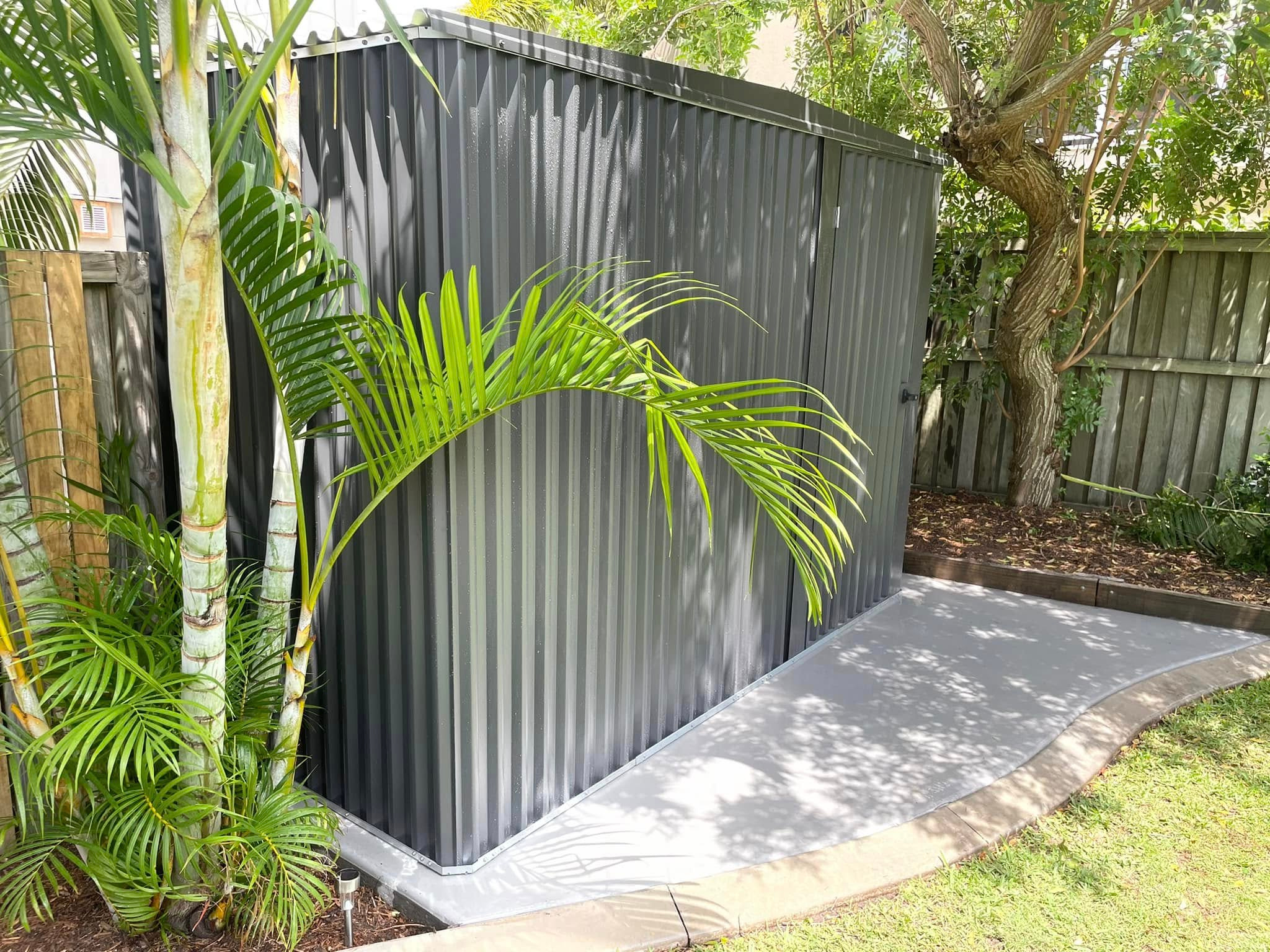 Grey corrugated metal storage shed in a backyard, flanked by palm plants and a wooden fence.
